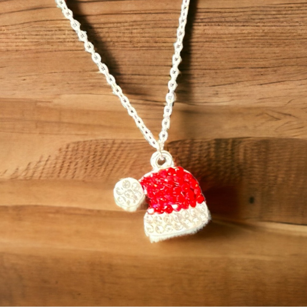 Silver Color Chain Red Beaded Santa Hat, 16” with Extender